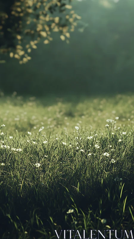 Sunlit grass field with white wildflowers in soft focus.