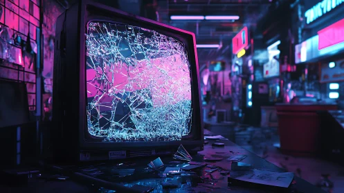Shattered neon television glowing in a moody cyberpunk alley.