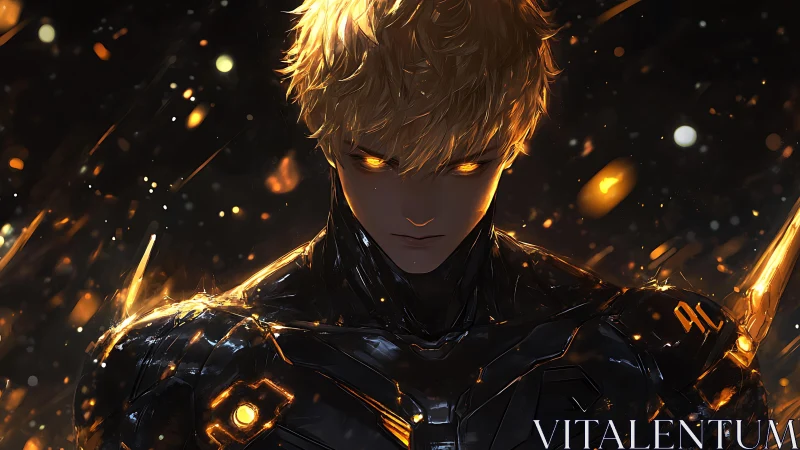 Cybernetic warrior emerges under molten ember light.