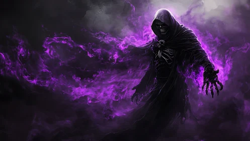 Hooded wraith conducts a storm of haunted violet embers.