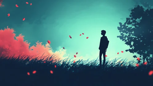 Digital painting silhouette in neon dusk meadowscape composition.