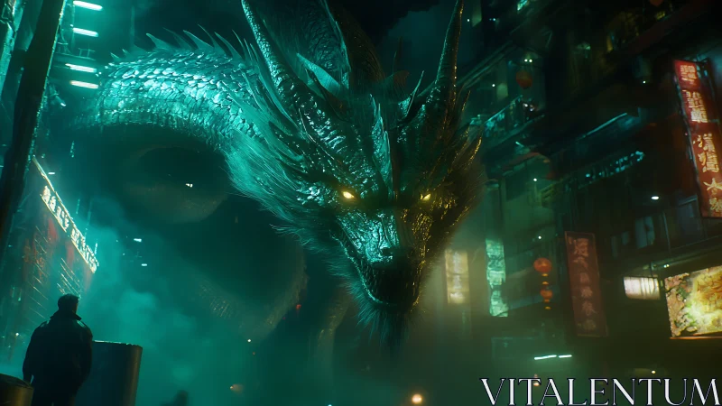 Neon dragon glides through misty city streets at night