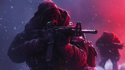 Armed figures advance through snowy low light environment