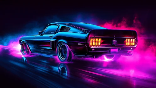 Retro sports car on neon road with magenta and cyan light.