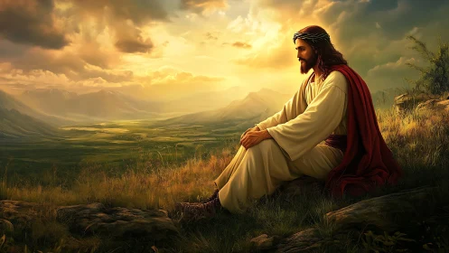 Contemplative robed figure in sunset-lit valley with cinematic depth