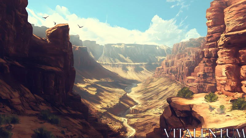 Sunlit canyon ravine with stratified cliffs and aerial depth cues