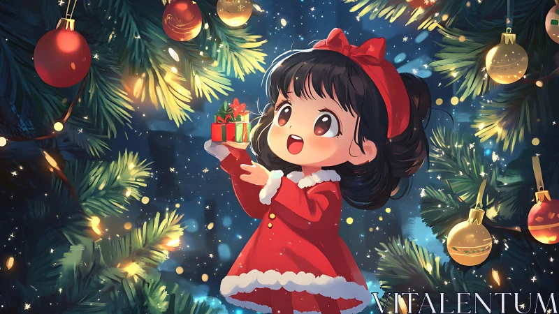 Young girl in red dress holding gift by lit Christmas tree.