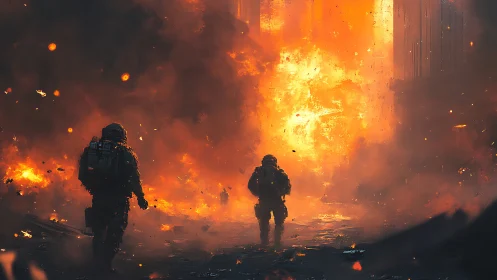 Combat operatives navigate extreme thermal conditions amid explosive detonation.