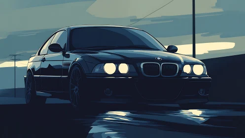 Night highway coupe illustration with moody cinematic lighting