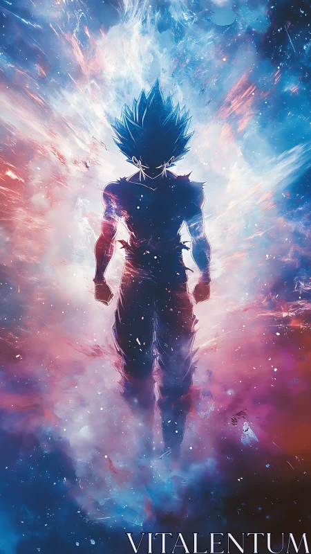 Cosmic warrior rises in a glowing storm of energy and light