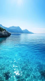 Turquoise coastal sea with distant mountains under clear sky.