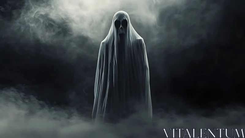 Ghostly robed figure in dense surrounding atmospheric fog.