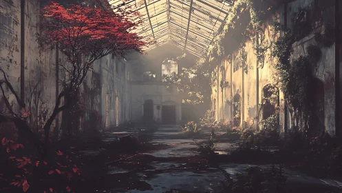 Post-industrial greenhouse nave reclaimed by spectral foliage.