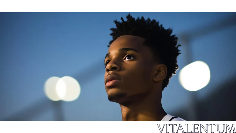 Focused young man under evening sports lights portrait.