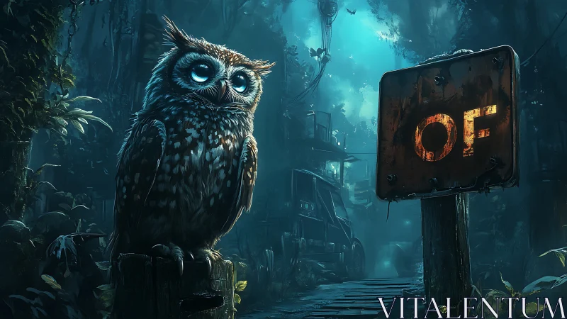 Bioluminescent owl in foggy cyber-jungle with rusted OF sign