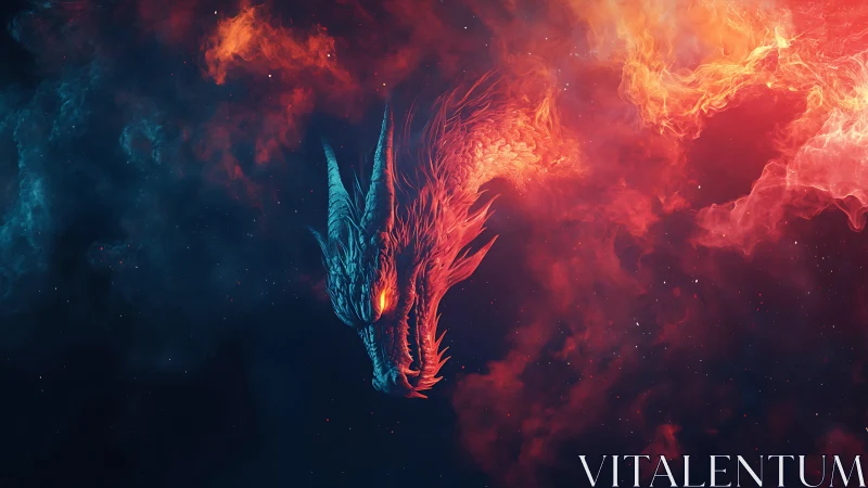 Fiery cosmic dragon emerges from swirling nebula clouds