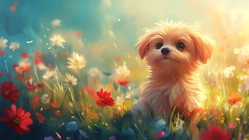 Fluffy puppy portrait in dreamy wildflower meadow light.