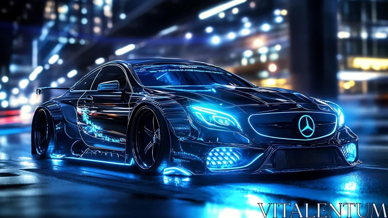 Neon blue street racer gliding through a glowing night city.