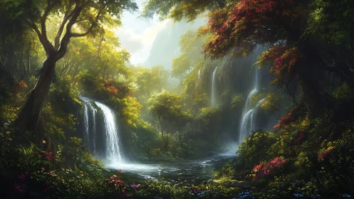 Sunlit forest waterfalls invite a calm, dreamy escape today