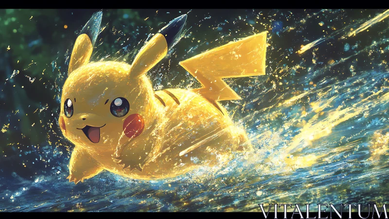 Electric creature sprints through luminous water spray.