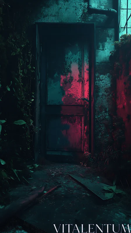 Abandoned metal door glows with eerie neon red light.