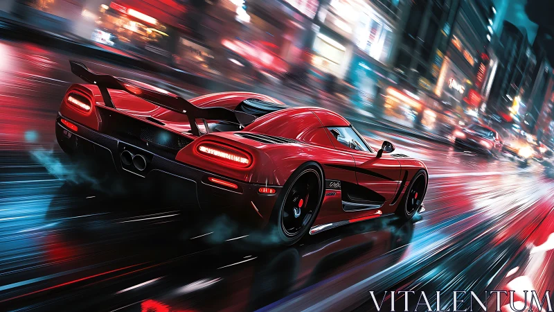 Midnight red hypercar slices neon rain like liquid lightning