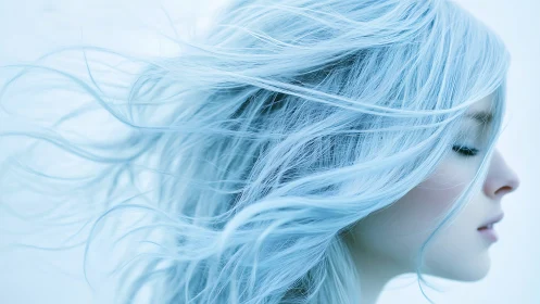 Digital portrait with flowing ice-blue hair in profile.