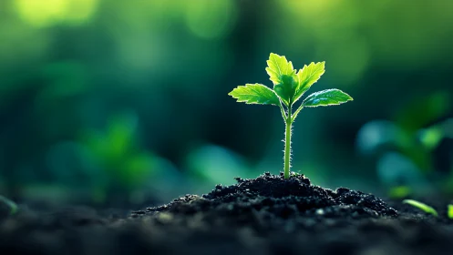Young green seedling emerging from rich dark soil.