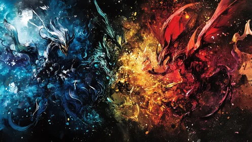 Elemental dragon spirits clash in a storm of fire and ice