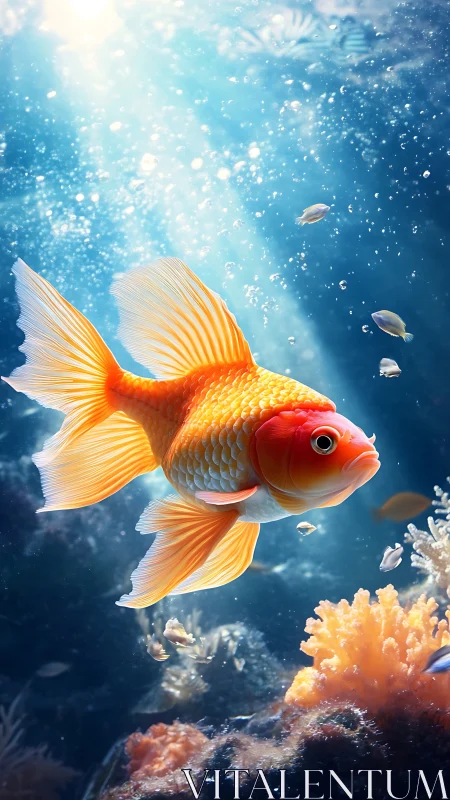 Sunlit goldfish drifts through glittering sapphire seas.
