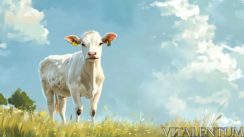 Gentle white calf standing in a sunny, wide open meadow.