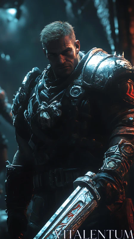 Battle-hardened space warrior holding a glowing steel sword.