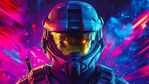 Futuristic armored soldier portrait with neon abstract background.