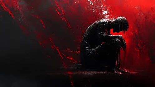 Silhouette of sorrow melting into violent red oblivion.