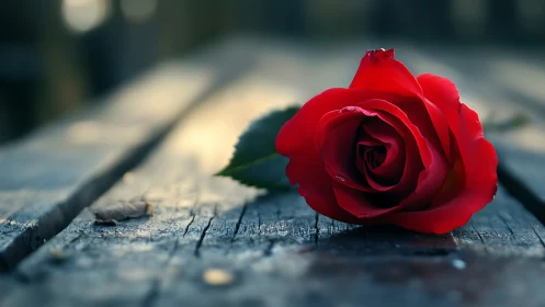 Red Rose on Weathered Wooden Surface