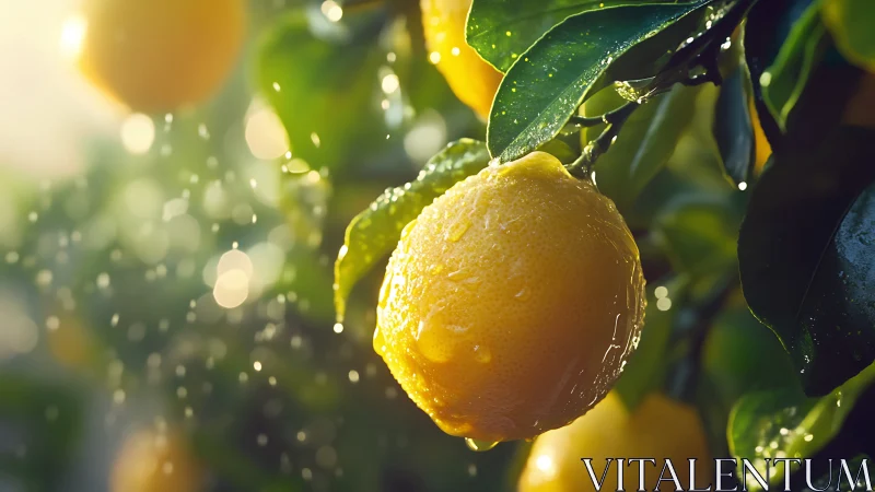 Ripe lemon on tree branch with water droplets in sun.