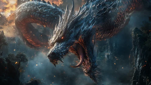 Gigantic firelit dragon coils above dark rugged canyon.