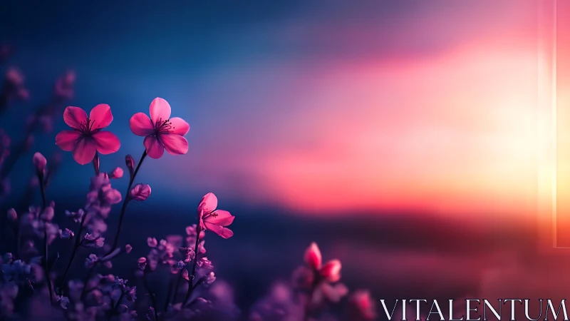 Neon pink wildflowers glow against blurred sunset horizon.