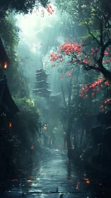 Rainlit temple street beneath crimson blossom whispers.