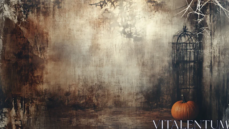 Rustic pumpkin corner evokes moody, vintage Halloween atmosphere.