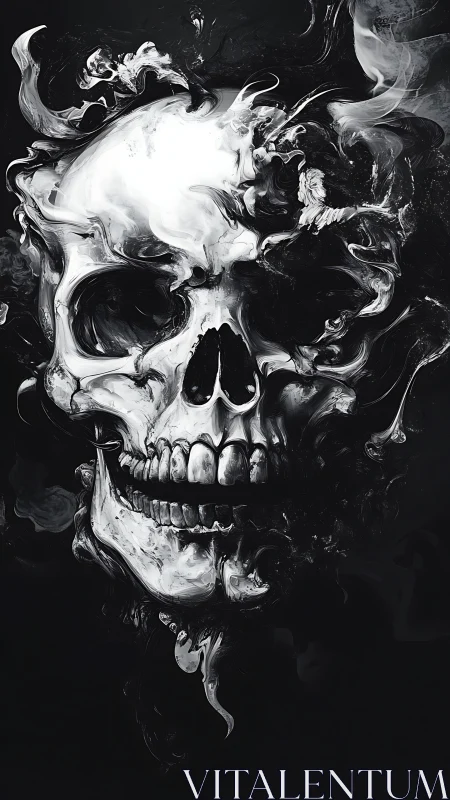 Monochrome vaporous skull rendered with high-contrast fluid dynamics