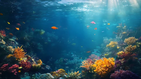 Sunlit coral reef welcomes colorful fish in a calm blue sea