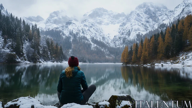 Solitary hiker contemplates a tranquil snowy mountain lake.