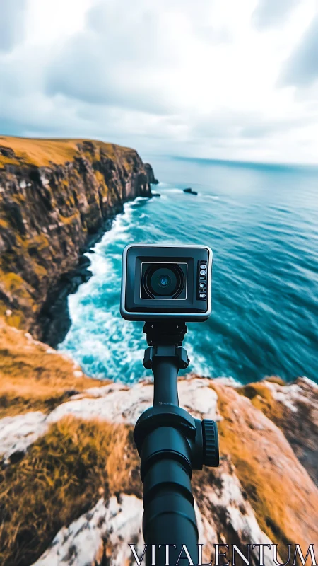 Action camera on cliff edge overlooking rugged coastline.