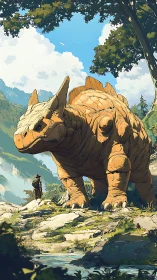 Giant horned dinosaur towers over lone traveler outdoors.