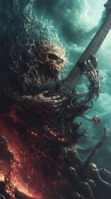 Demonic skeletal guitarist rising from molten skull mass.