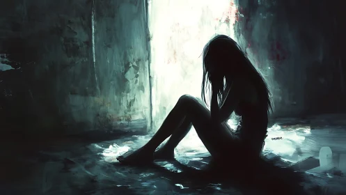 Shadow-sketched girl guarding a doorway of reluctant light.