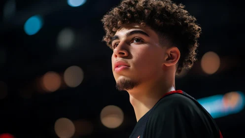 Young basketball player studies court under arena lights
