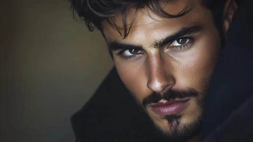 Close male portrait with intense direct gaze in shadow.