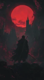 Blood-red moon crowns the lone swordsman over ruined spires